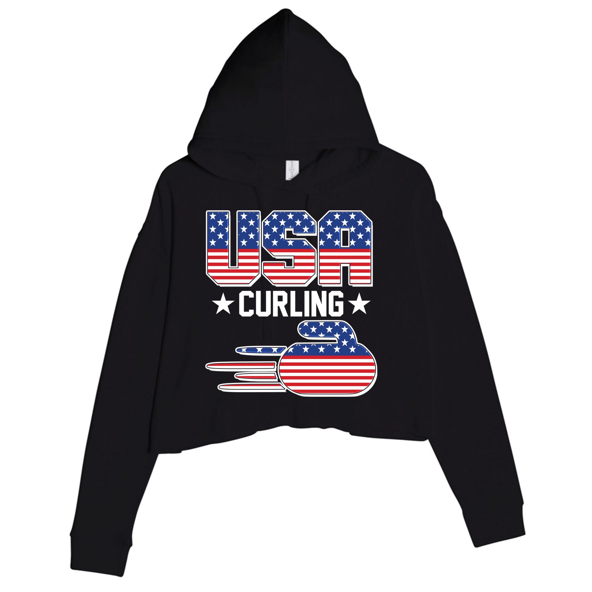 Cool Team USA Curling Flag Logo Sports Fan Crop Fleece Hoodie