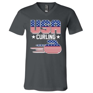 Cool Team USA Curling Flag Logo Sports Fan V-Neck T-Shirt