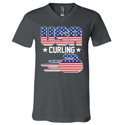 Cool Team USA Curling Flag Logo Sports Fan V-Neck T-Shirt