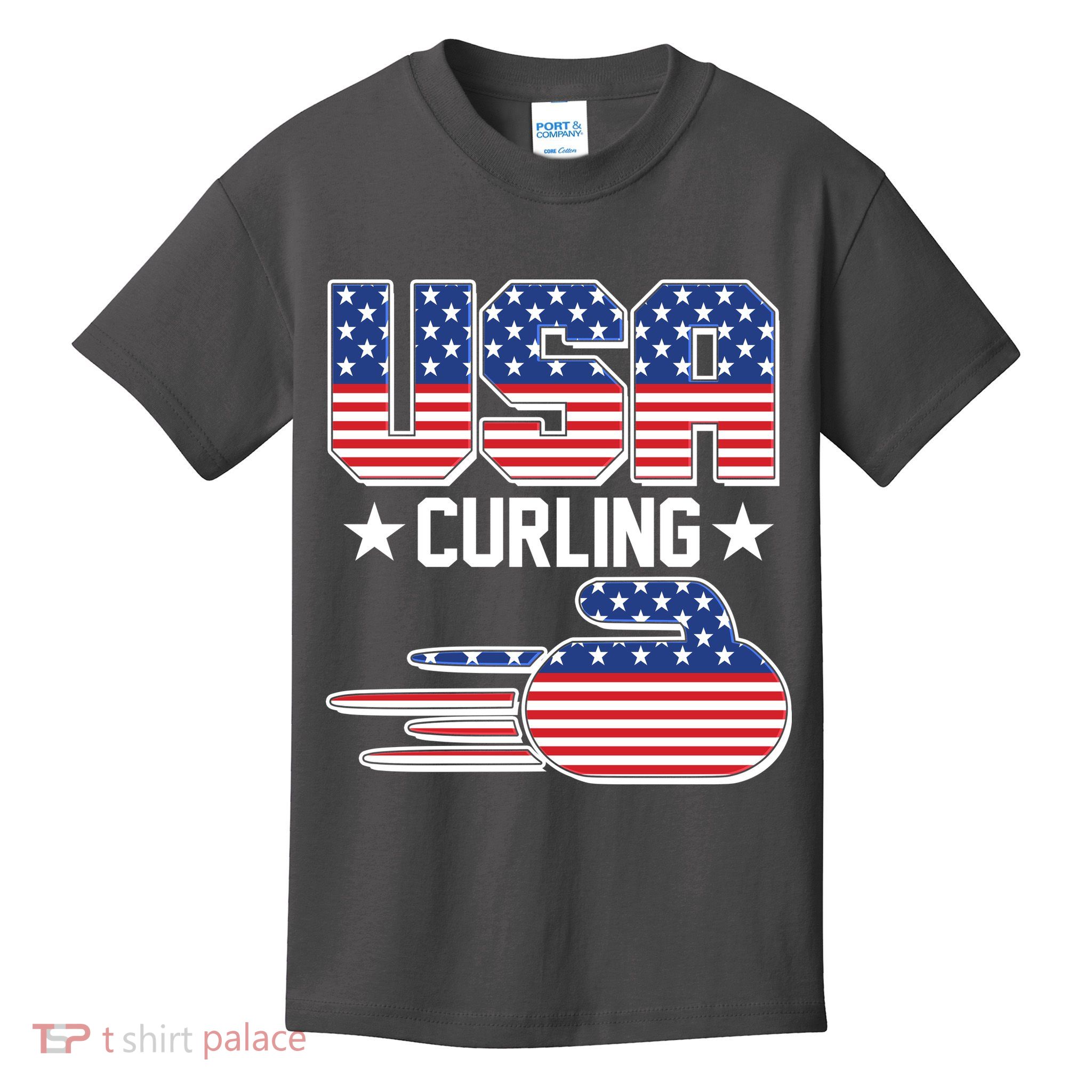 Cool Team USA Curling Flag Logo Sports Fan Kids T-Shirt