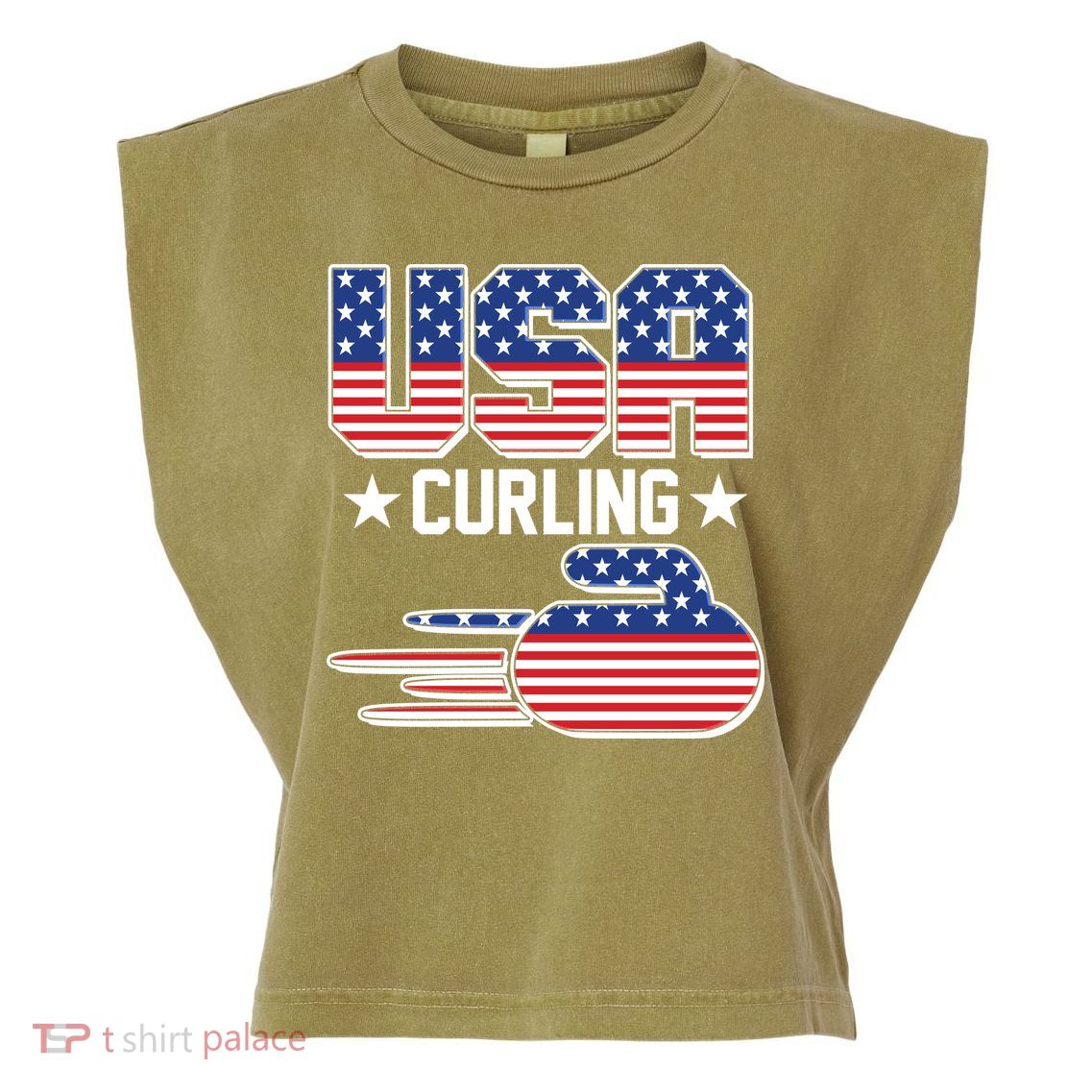 Cool Team USA Curling Flag Logo Sports Fan Garment-Dyed Women's Muscle Tee