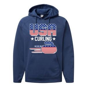 Cool Team USA Curling Flag Logo Sports Fan Performance Fleece Hoodie