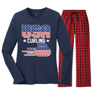 Cool Team USA Curling Flag Logo Sports Fan Women's Long Sleeve Flannel Pajama Set 