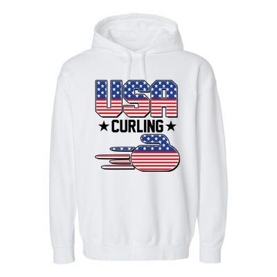 Cool Team USA Curling Flag Logo Sports Fan Garment-Dyed Fleece Hoodie