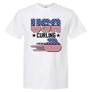 Cool Team USA Curling Flag Logo Sports Fan Garment-Dyed Heavyweight T-Shirt