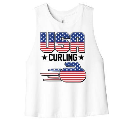 Cool Team USA Curling Flag Logo Sports Fan Women's Racerback Cropped Tank