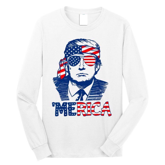 Cool Trump US American Flag Happy 4th Of July Funny Merica Long Sleeve Shirt