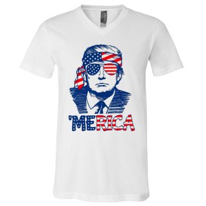 Cool Trump US American Flag Happy 4th Of July Funny Merica V-Neck T-Shirt