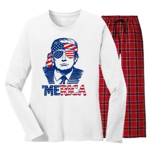 Cool Trump US American Flag Happy 4th Of July Funny Merica Women's Long Sleeve Flannel Pajama Set 