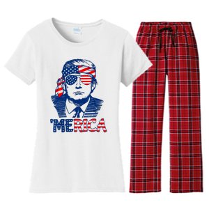 Cool Trump US American Flag Happy 4th Of July Funny Merica Women's Flannel Pajama Set