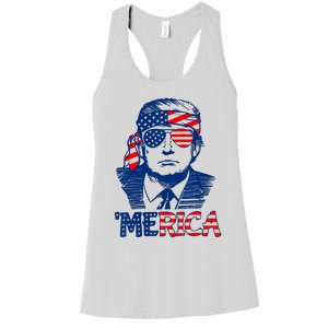 Cool Trump US American Flag Happy 4th Of July Funny Merica Women's Racerback Tank