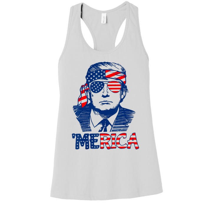 Cool Trump US American Flag Happy 4th Of July Funny Merica Women's Racerback Tank