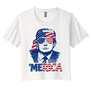 Cool Trump US American Flag Happy 4th Of July Funny Merica Women's Crop Top Tee