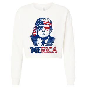 Cool Trump US American Flag Happy 4th Of July Funny Merica Cropped Pullover Crew