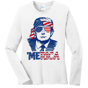 Cool Trump US American Flag Happy 4th Of July Funny Merica Ladies Long Sleeve Shirt