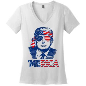 Cool Trump US American Flag Happy 4th Of July Funny Merica Women's V-Neck T-Shirt