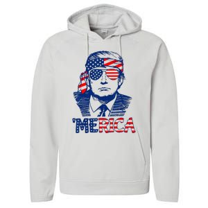 Cool Trump US American Flag Happy 4th Of July Funny Merica  Performance Fleece Hoodie