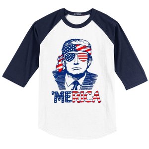 Cool Trump US American Flag Happy 4th Of July Funny Merica  Baseball Sleeve Shirt