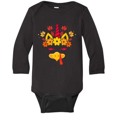 Cute Turkey Unicorn Face Girls Funny Thanksgiving Autumn Baby Long Sleeve Bodysuit