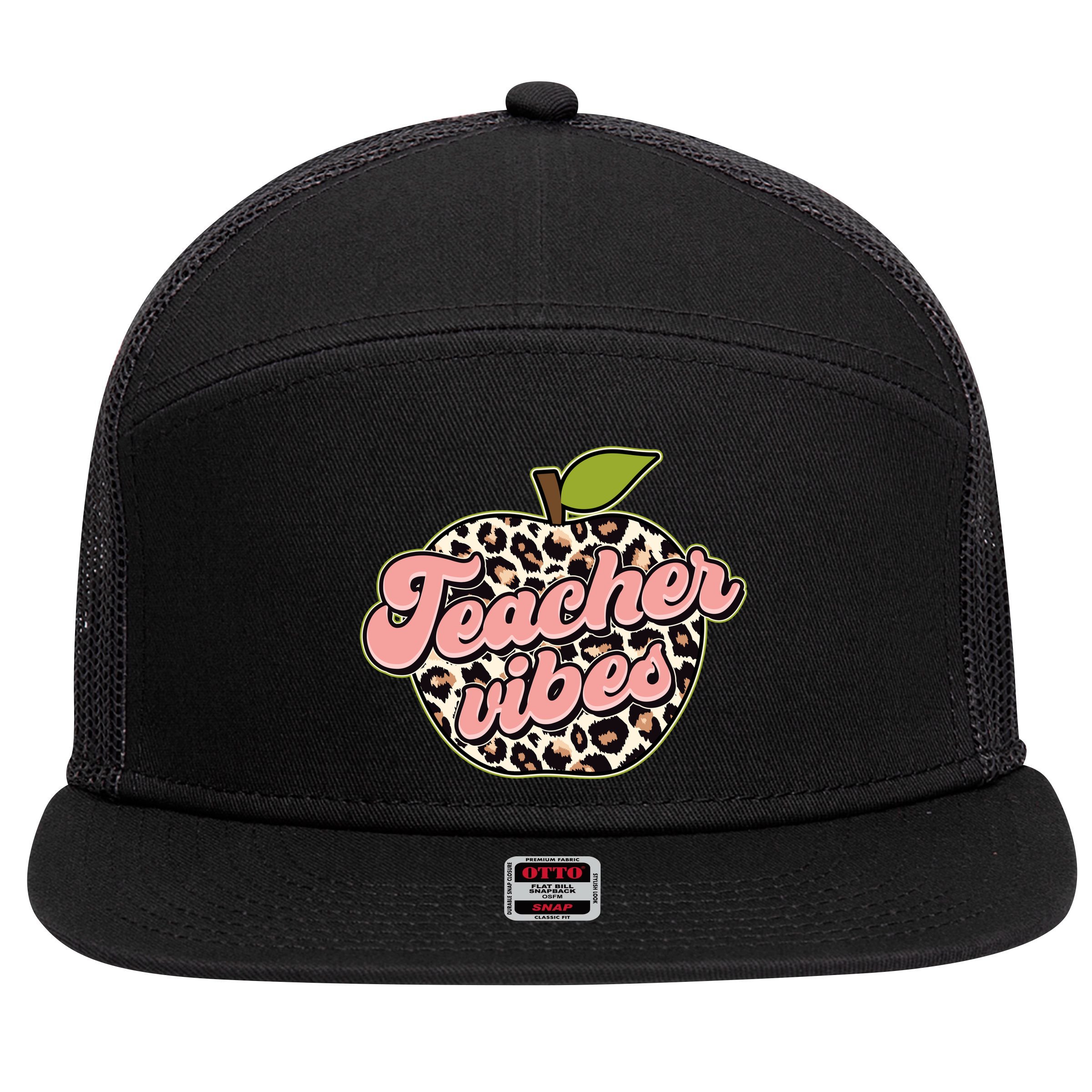 Cute Teacher Vibes Leopard Print Apple 7 Panel Mesh Trucker Snapback Hat