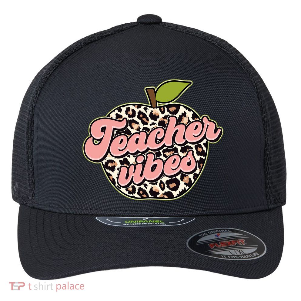Cute Teacher Vibes Leopard Print Apple Flexfit Unipanel Trucker Cap