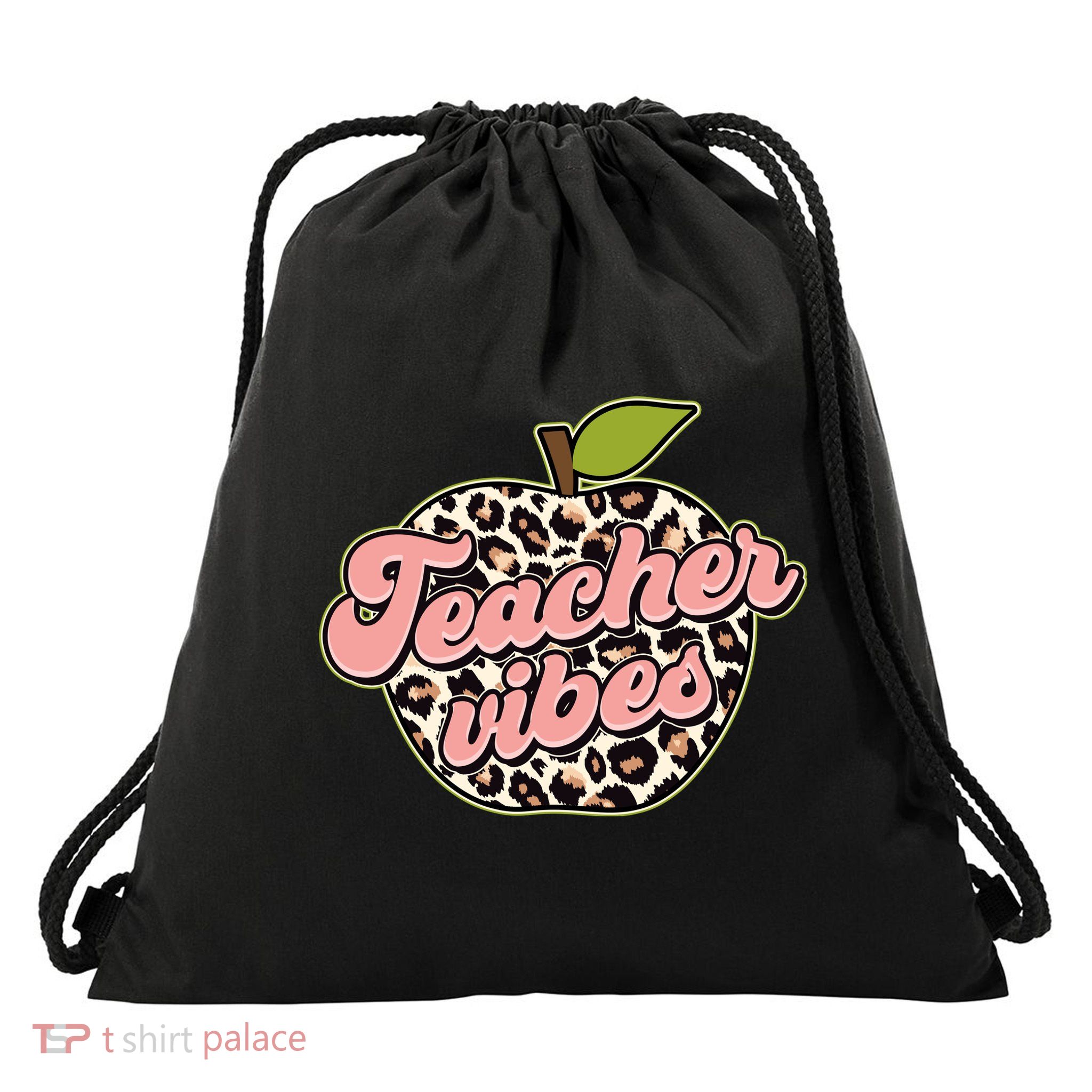 Cute Teacher Vibes Leopard Print Apple Drawstring Bag