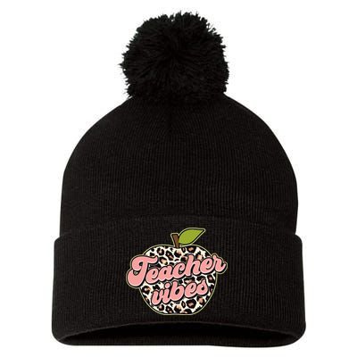 Cute Teacher Vibes Leopard Print Apple Pom Pom 12in Knit Beanie