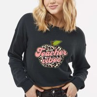 Cute Teacher Vibes Leopard Print Apple Cropped Pullover Crew