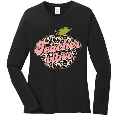 Cute Teacher Vibes Leopard Print Apple Ladies Long Sleeve Shirt