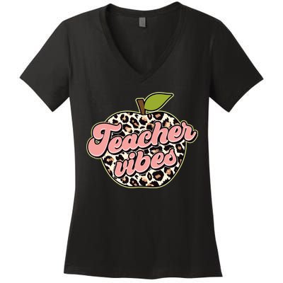 Cute Teacher Vibes Leopard Print Apple Women's V-Neck T-Shirt