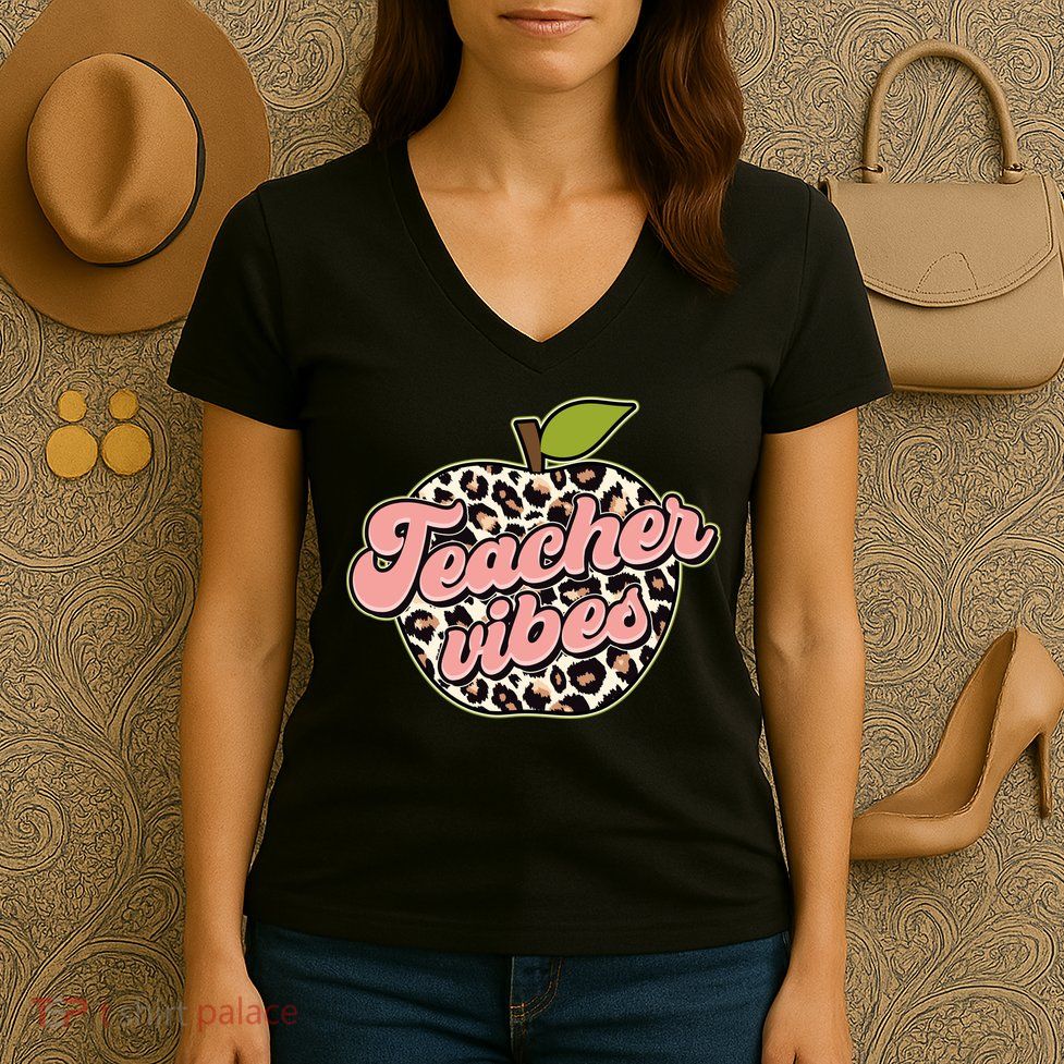Cute Teacher Vibes Leopard Print Apple Women's V-Neck T-Shirt