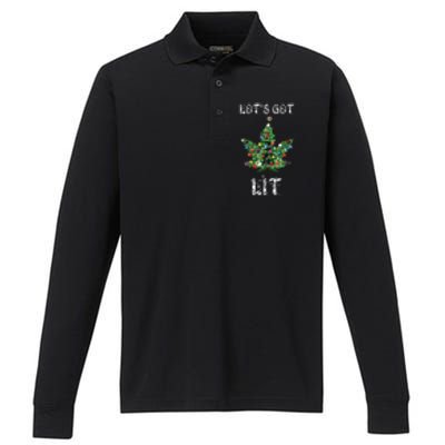 Christmas Tree Weed Leaf Pot Marijuana Thc Gift Performance Long Sleeve Polo