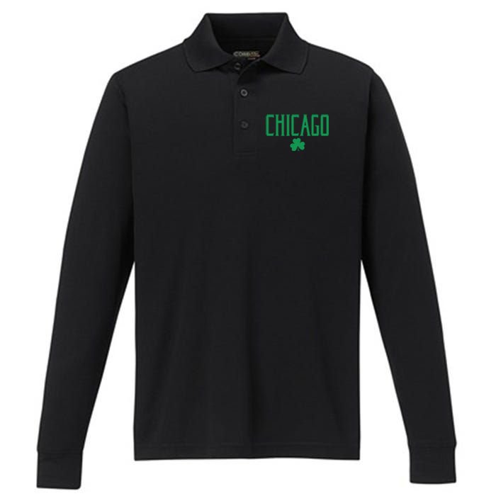 Chicago Text With Irish Shamrock Green Print Gift Performance Long Sleeve Polo