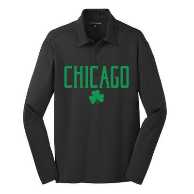 Chicago Text With Irish Shamrock Green Print Gift Silk Touch Performance Long Sleeve Polo