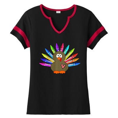 Cute Turkey With Pen Wings Nursery Ladies Halftime Notch Neck Tee