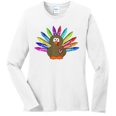 Cute Turkey With Pen Wings Nursery Ladies Long Sleeve Shirt