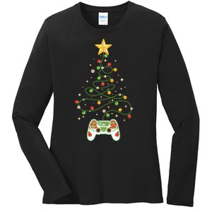 Christmas Tree Winter Theme Video Game Controller Ladies Long Sleeve Shirt