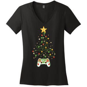 Christmas Tree Winter Theme Video Game Controller Women's V-Neck T-Shirt