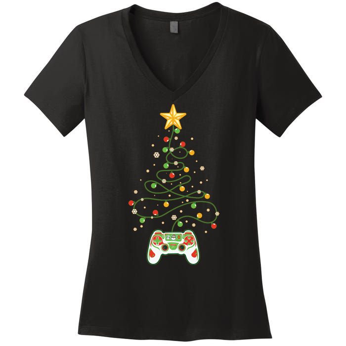 Christmas Tree Winter Theme Video Game Controller Women's V-Neck T-Shirt