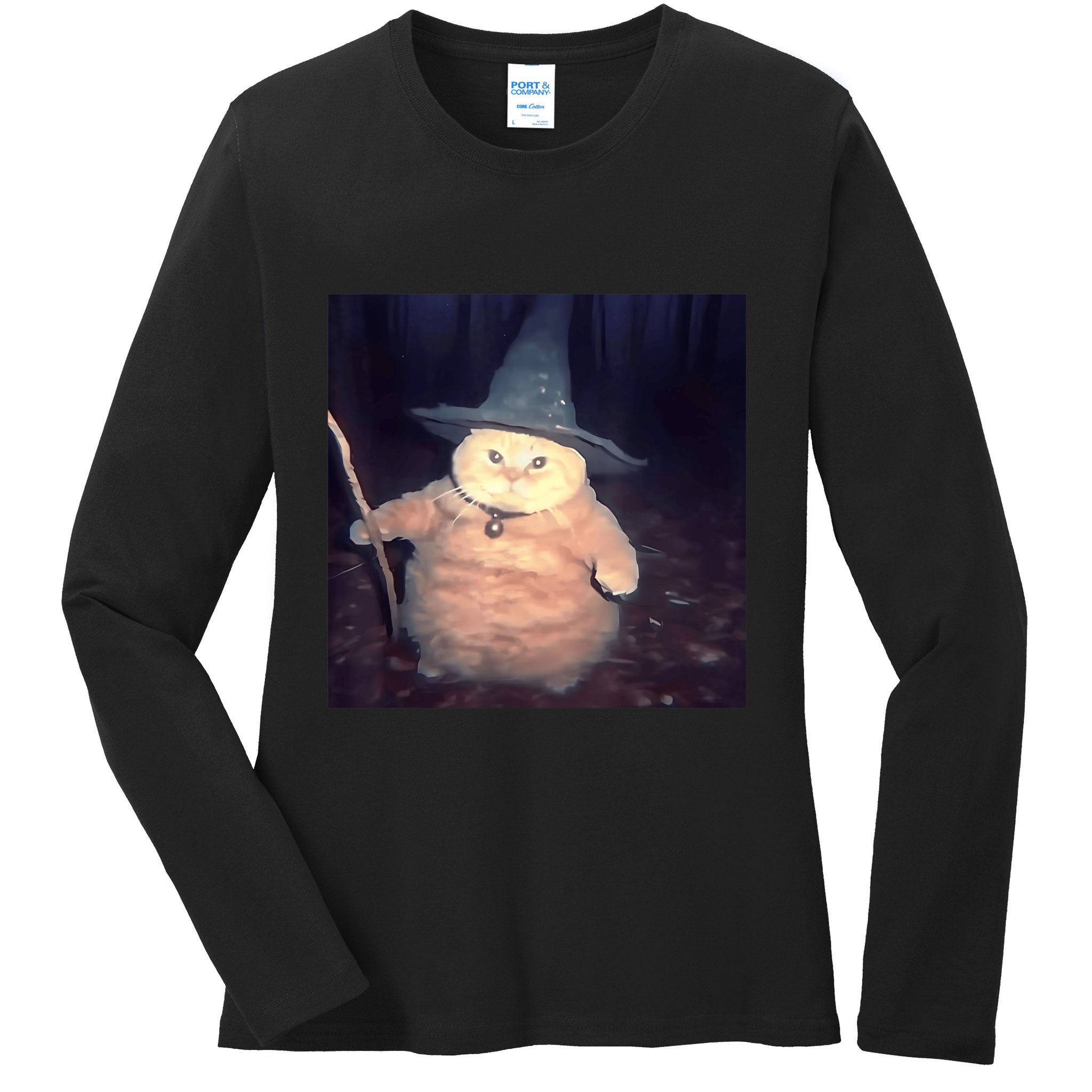 Cheeseball The Wizard Cat Vintage 90s Orange Witch Cat Design Ladies Long Sleeve Shirt