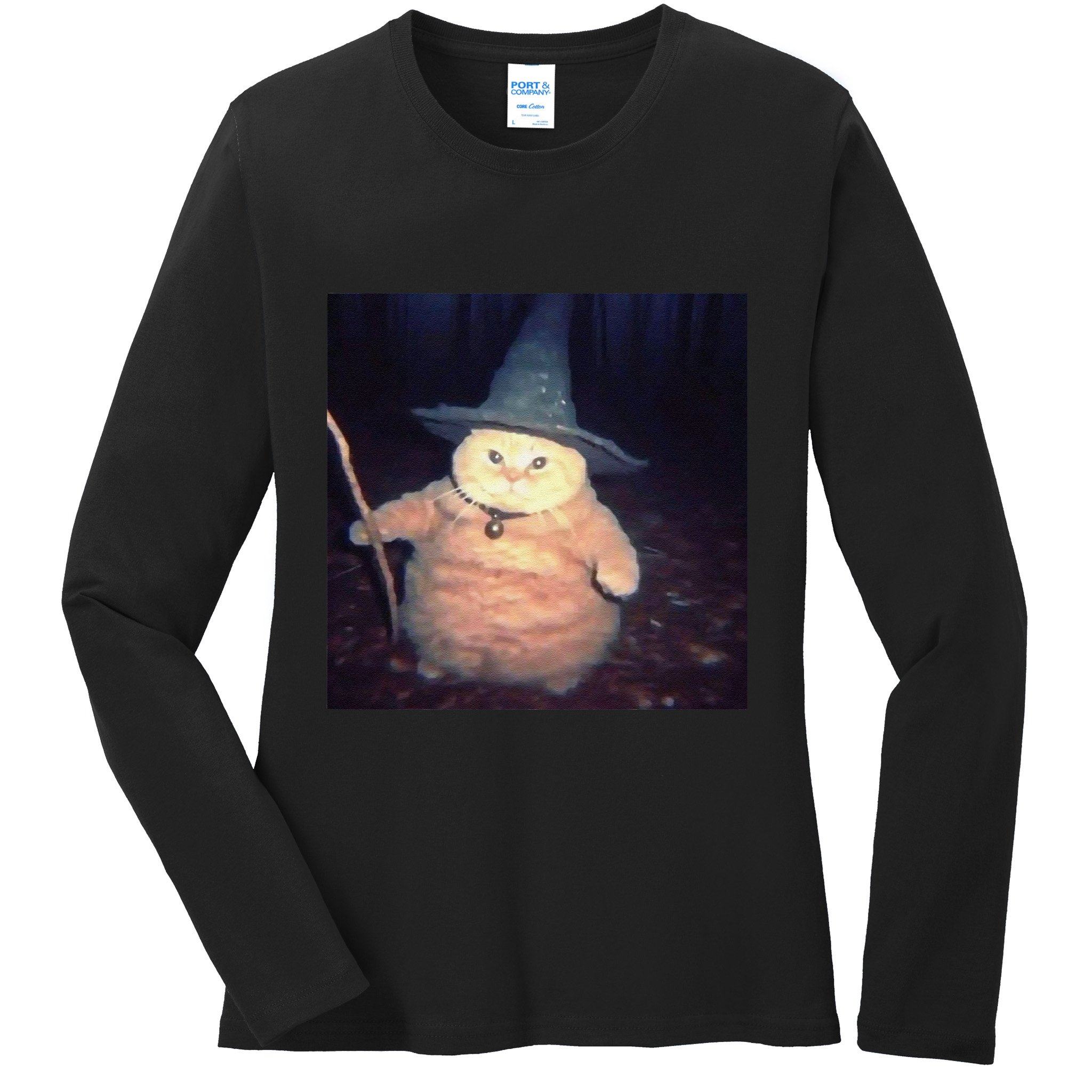 Cheeseball The Wizard Cat Vintage 90s Orange Cat Witch Cat Ladies Long Sleeve Shirt