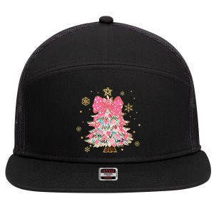 Christmas Tree With Snowflakes And Bow 7 Panel Mesh Trucker Snapback Hat