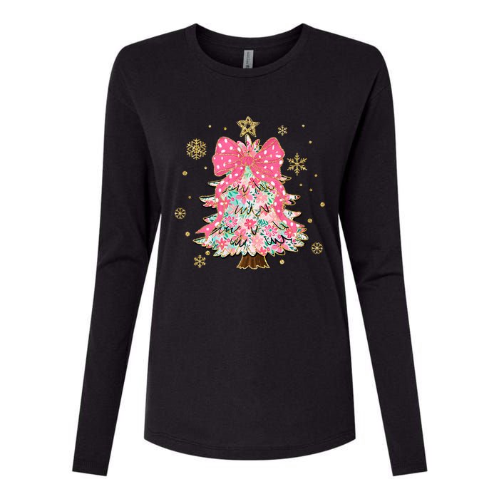 Christmas Tree With Snowflakes And Bow Womens Cotton Relaxed Long Sleeve T-Shirt