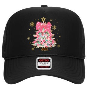 Christmas Tree With Snowflakes And Bow High Crown Mesh Back Trucker Hat