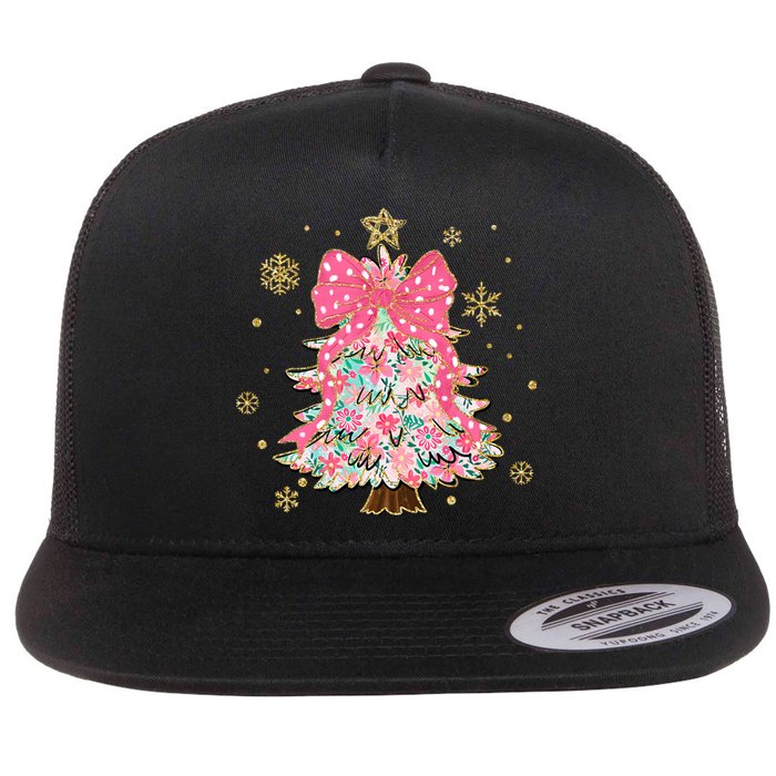 Christmas Tree With Snowflakes And Bow Flat Bill Trucker Hat