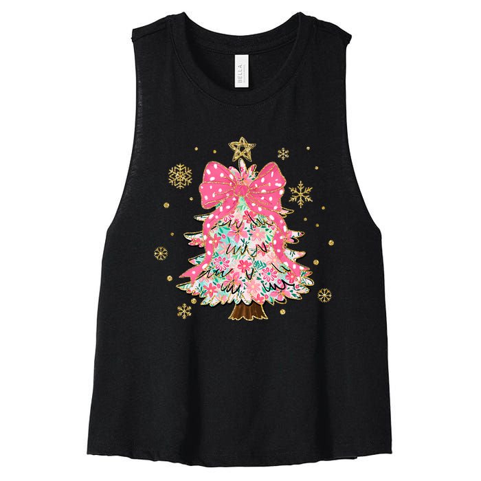 Christmas Tree With Snowflakes And Bow Women's Racerback Cropped Tank