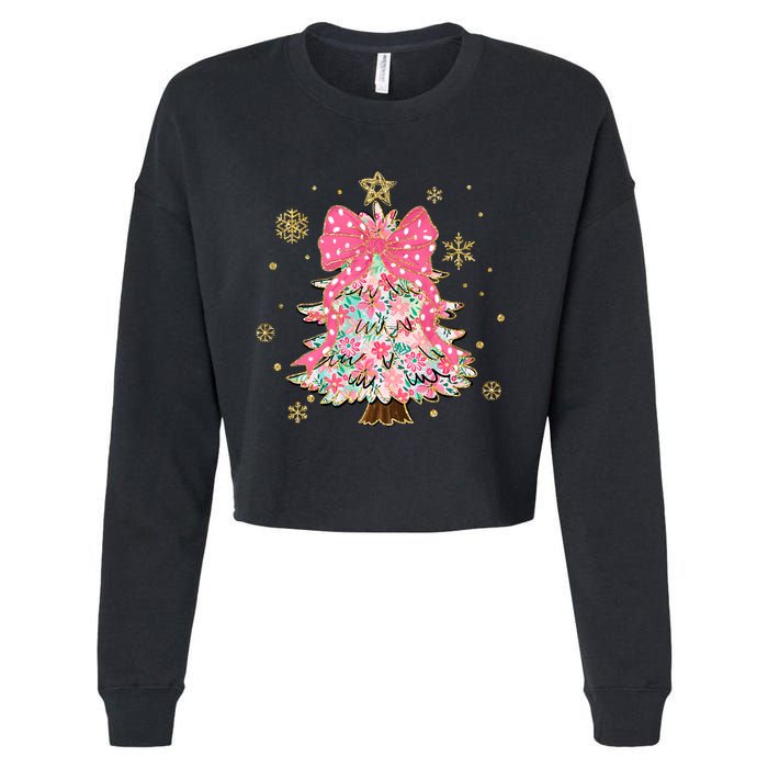 Christmas Tree With Snowflakes And Bow Cropped Pullover Crew