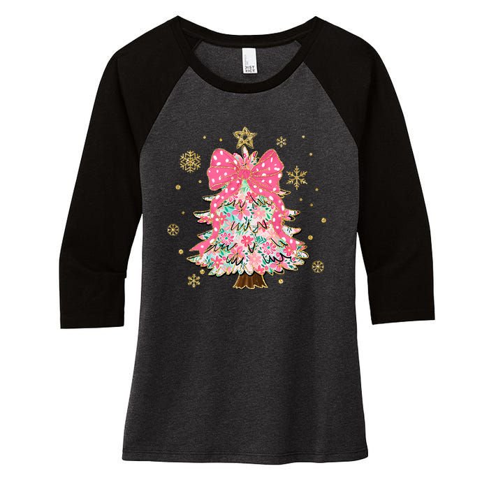 Christmas Tree With Snowflakes And Bow Women's Tri-Blend 3/4-Sleeve Raglan Shirt