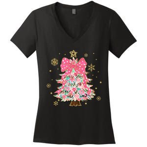 Christmas Tree With Snowflakes And Bow Women's V-Neck T-Shirt