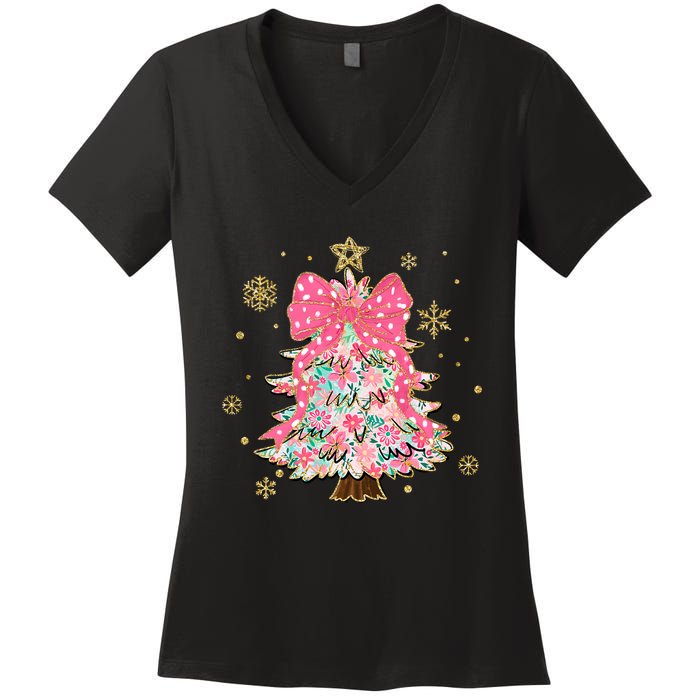 Christmas Tree With Snowflakes And Bow Women's V-Neck T-Shirt